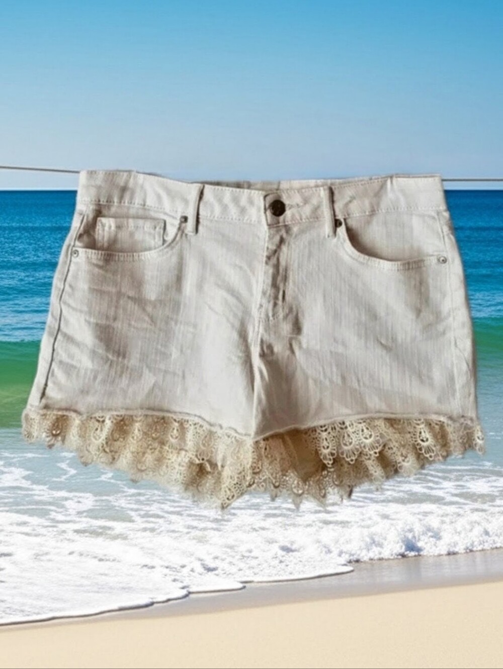 SUMMER SALE! Ivory Jean Shorts With Lace Hem